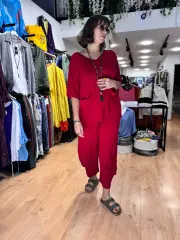 Çift Cep V Yaka Bluz
