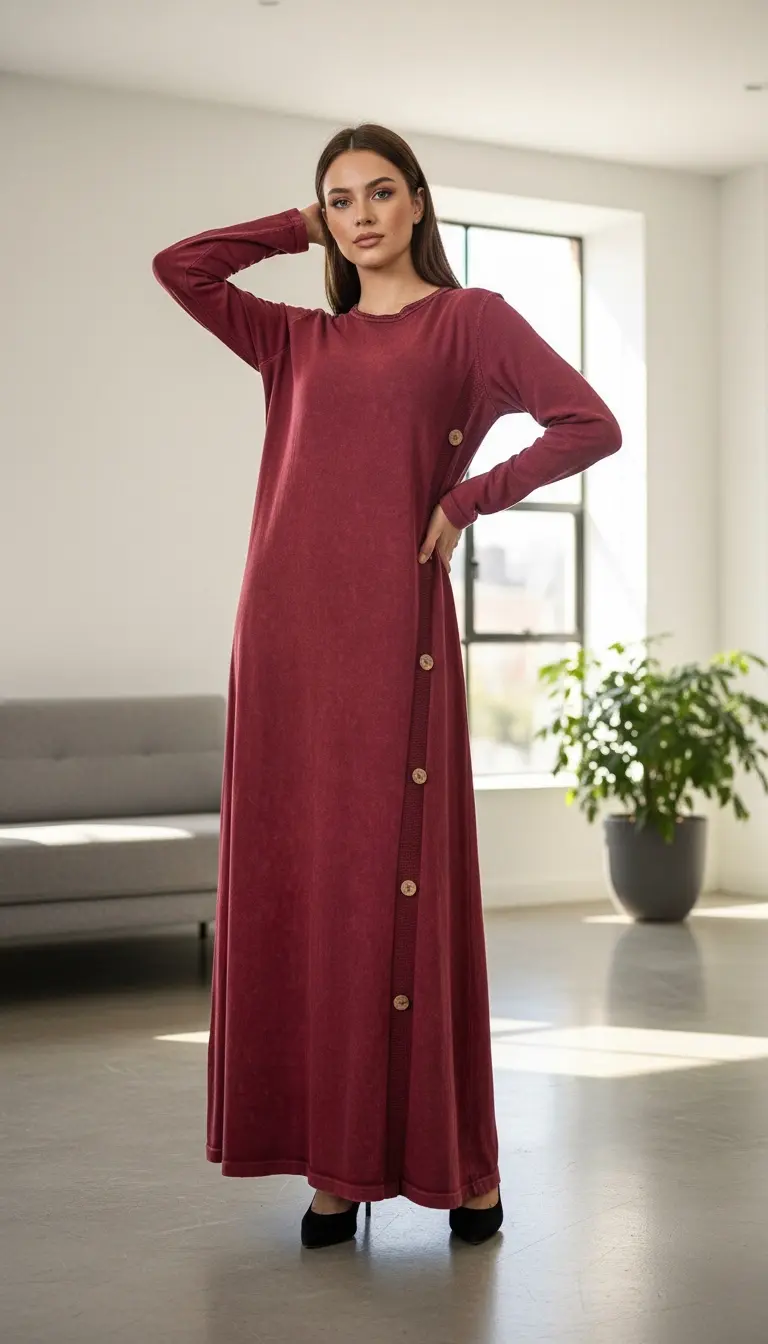 Yandan Düğme Detaylı Pamuk Elbise