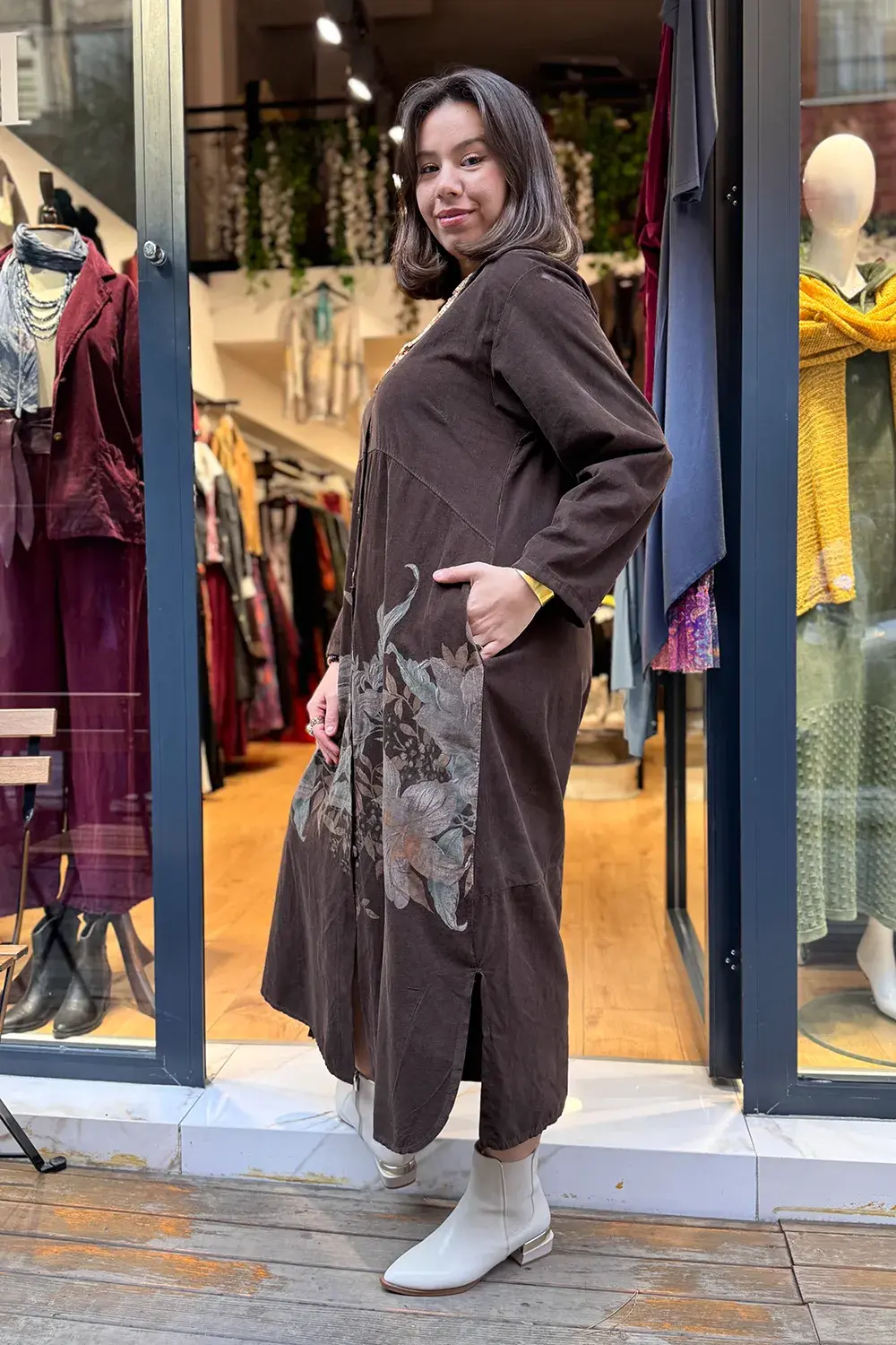 İtalyan Desenli Kadife Gömlek Elbise