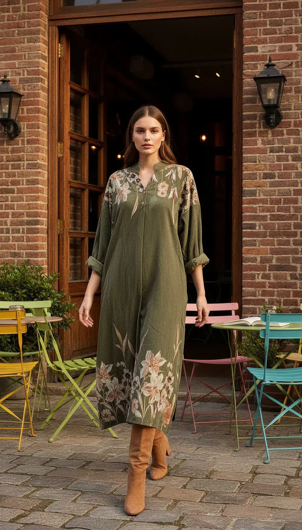 İtalyan Kadife Çiçekli Elbise