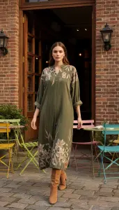 İtalyan Kadife Çiçekli Elbise