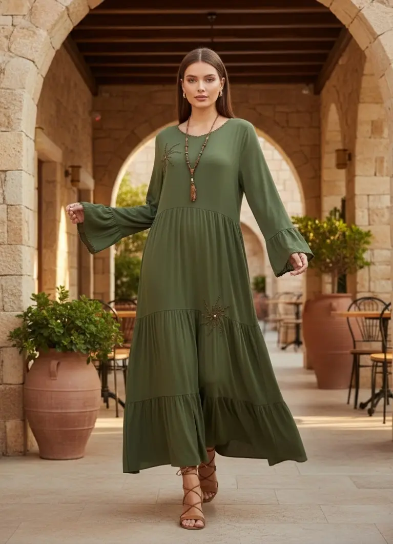 Nakışlı Viskon Elbise