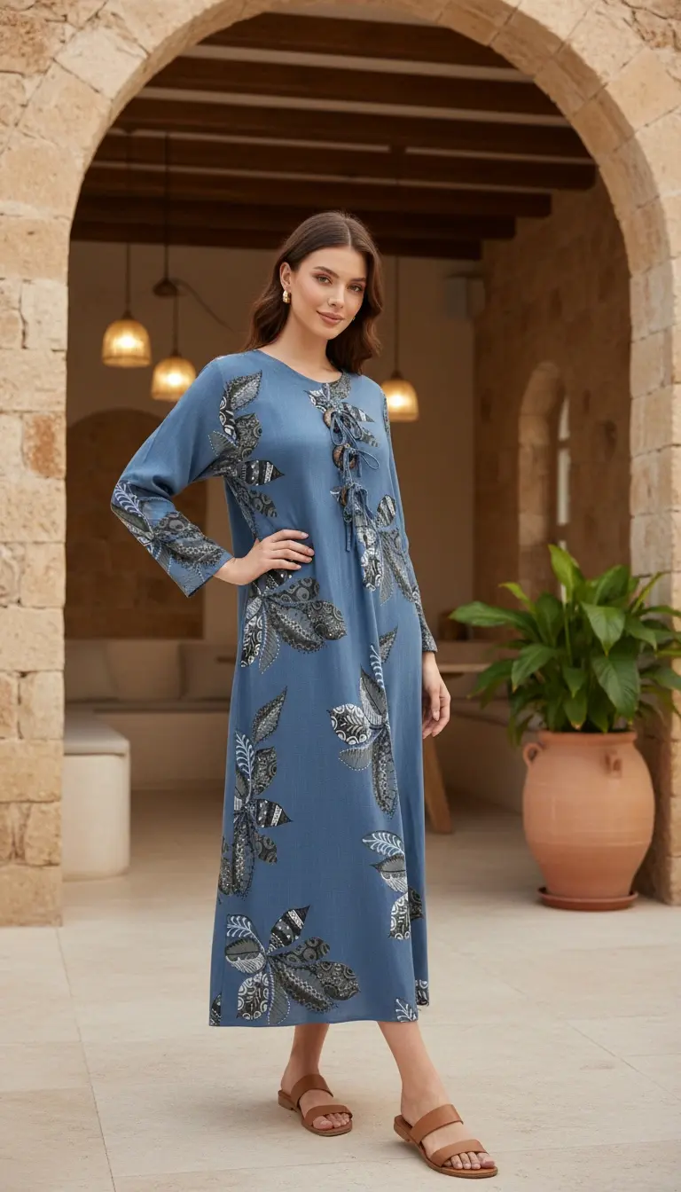 Pamuk Keten Desenli Elbise