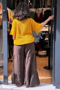 Plise Detaylı Keten Pantolon